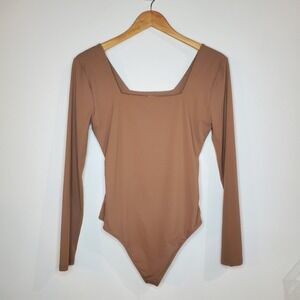 Quince Square Neck Long Sleeve Bodysuit Brown Nude Classic Minimalist Size L